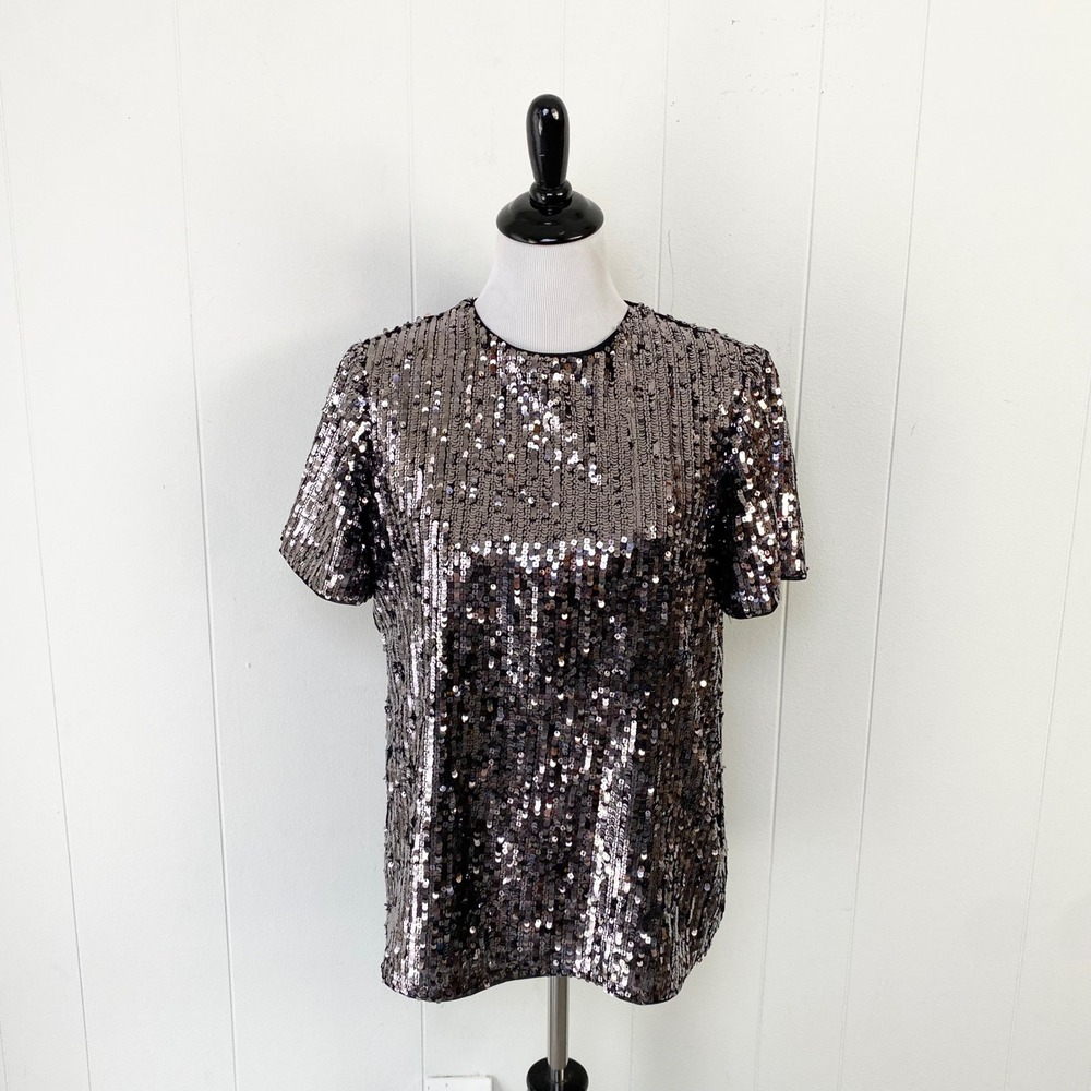 Express Gunmetal Sequin Short Sleeve Keyhole Back Top Medium NWT Party Dopamine